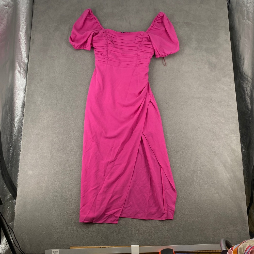 French Connection Pink Puff Sleeve Ruched Midi Dress Square Neck Slit Small